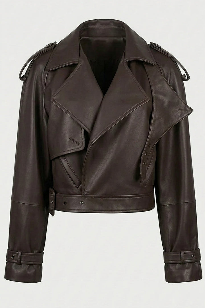 SCARLETT - Brown leather jacket, lapel detail, belted waist, grommets