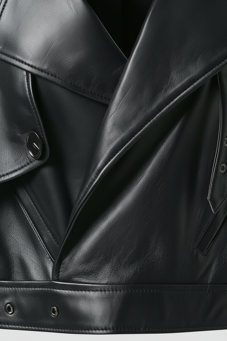 SCARLETT - Close-up of black leather jacket, pocket detail, buttons