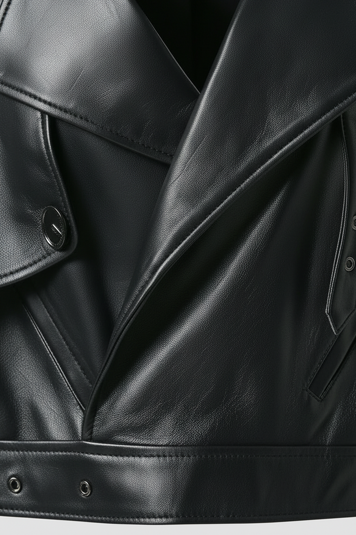 SCARLETT - Close-up of black leather jacket, pocket detail, buttons