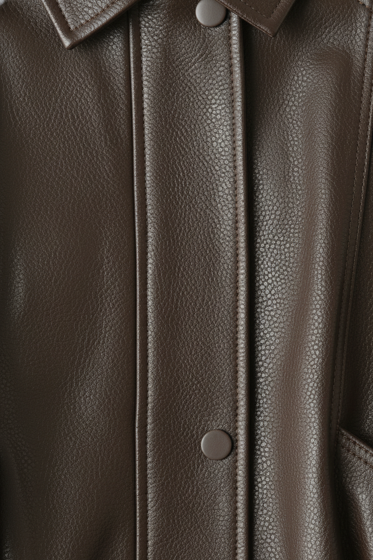 SCARLETT - Close-up of brown leather bomber jacket buttons