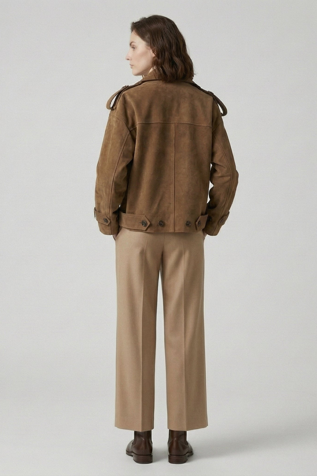 SCARLETT - Full Body Shot of Model in Suede Trench Back view