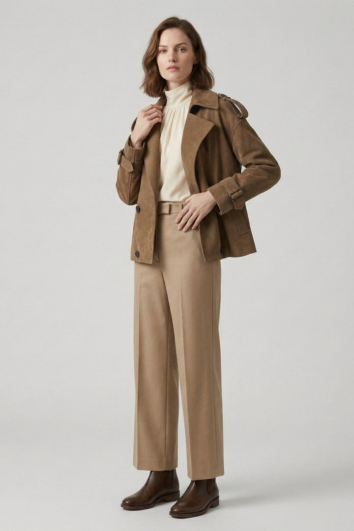 SCARLETT - SCARLETT - Full Body Shot of Model in Suede Trench three quarter view
