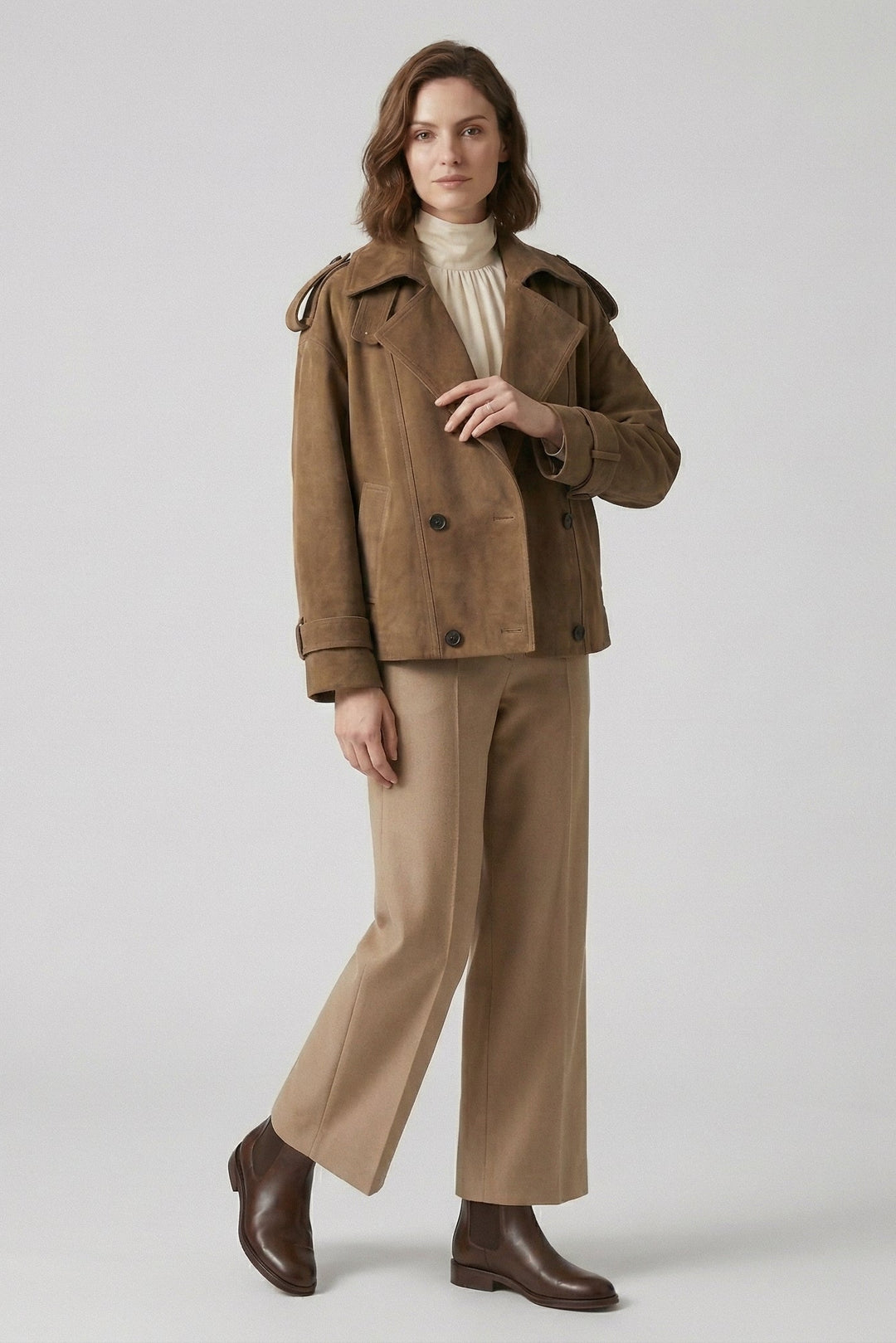 SCARLETT - Woman in Tan Suede Double-Breasted Jacket