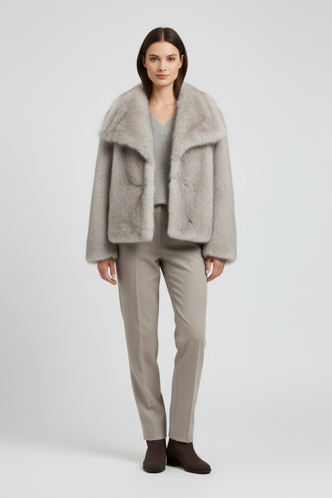 SEELIA faux fur short coat in deep red with soft plush texture front view.