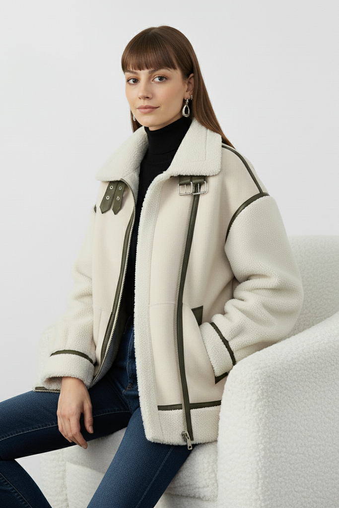 SELVARA women's suede coat cream model seated portrait