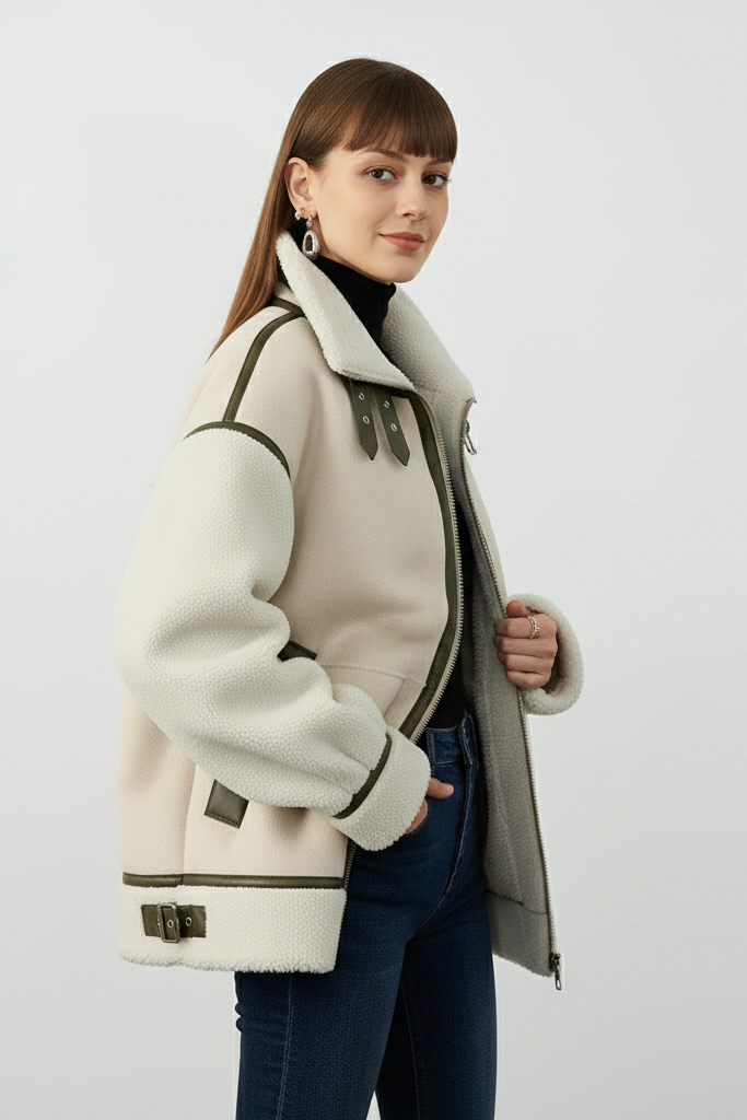 SELVARA women's suede coat model side profile