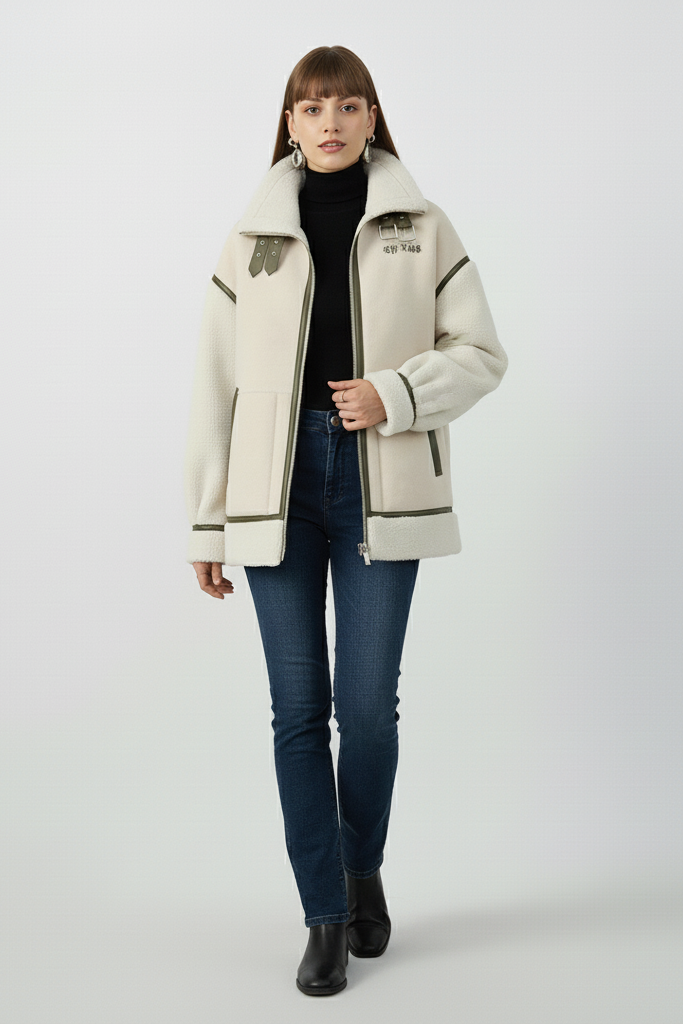 SELVARA women's suede coat model walking front view