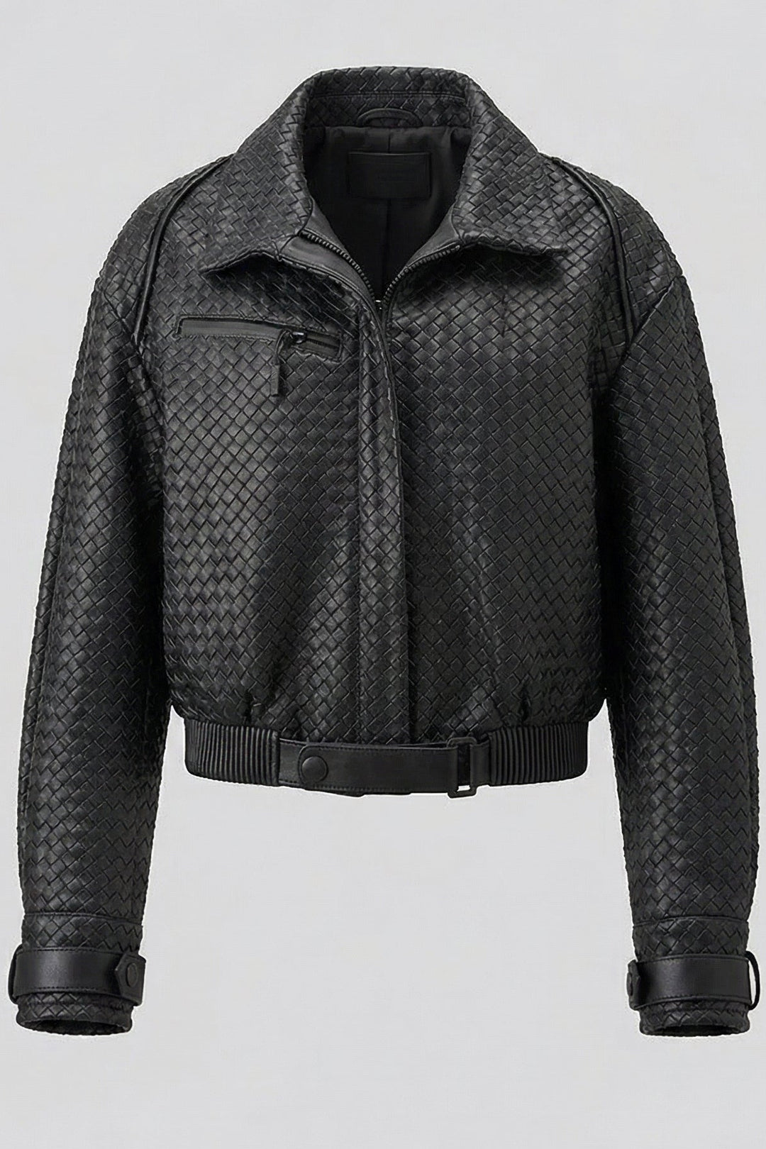 SHELBY - Cropped woven black leather bomber jacket with zip closure and belt detail