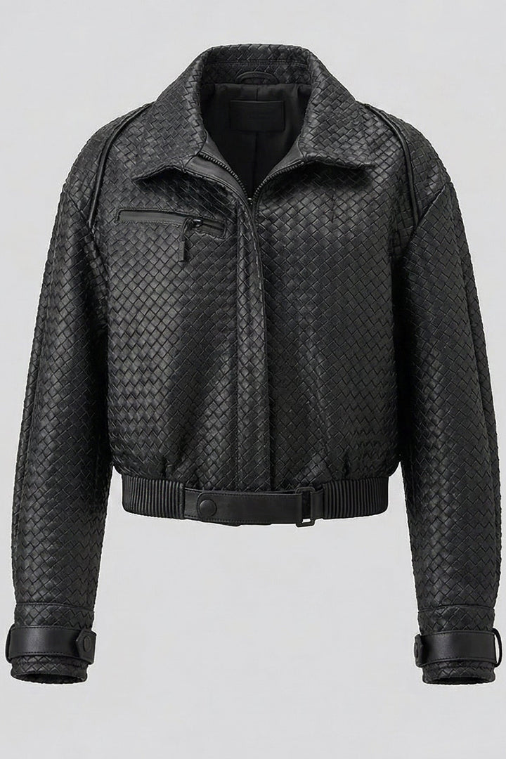SHELBY - Cropped woven black leather bomber jacket with zip closure and belt detail