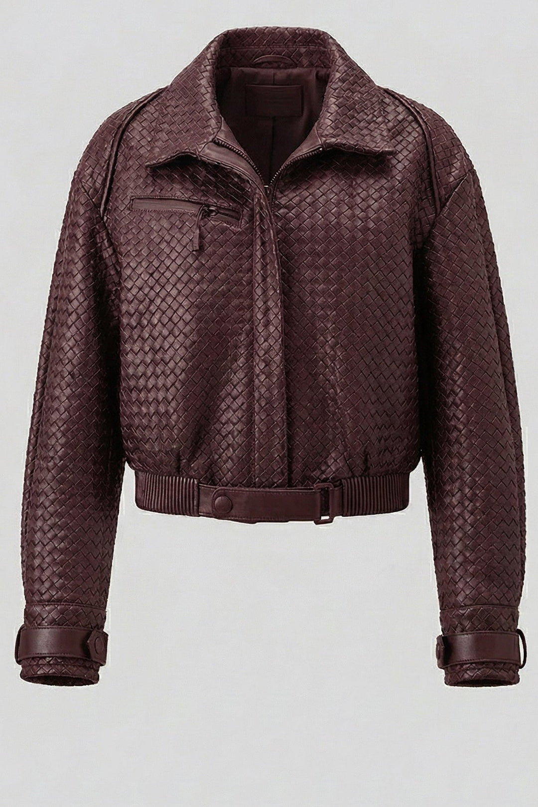 SHELBY - Cropped woven deep maroon leather bomber jacket, front view