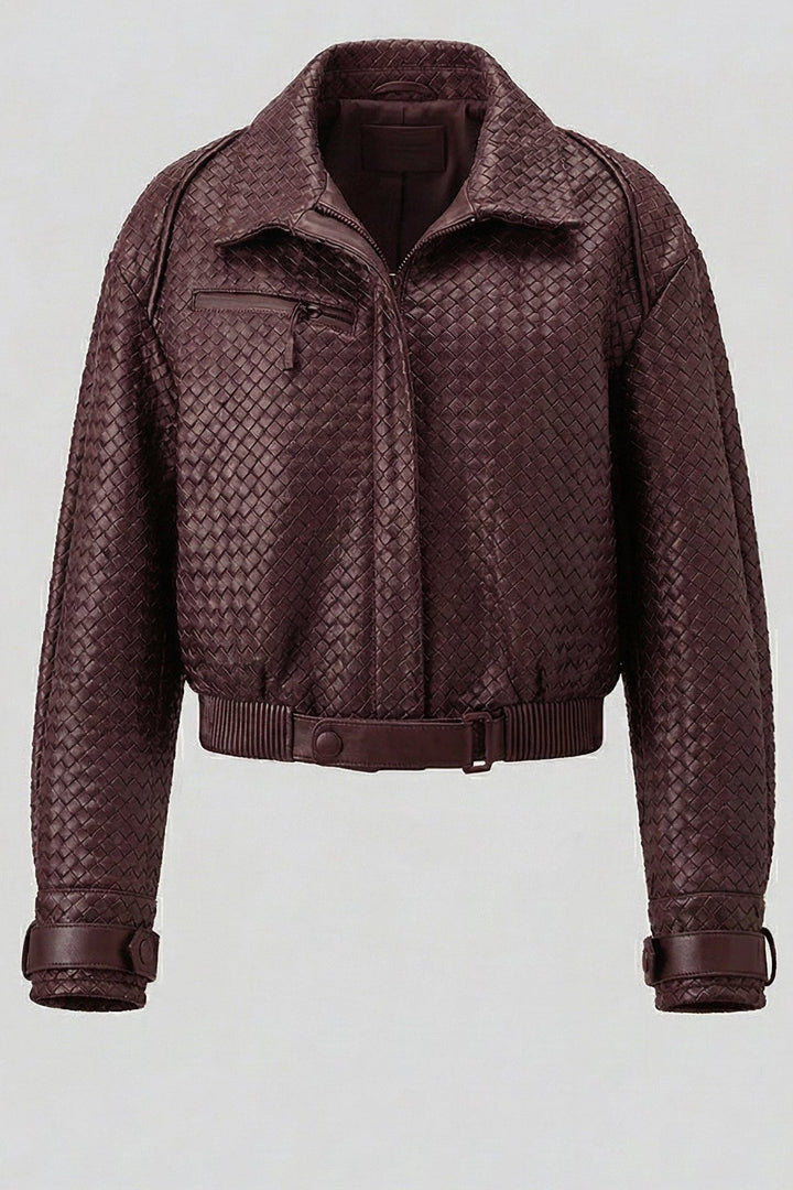 SHELBY - Cropped woven deep maroon leather bomber jacket, front view