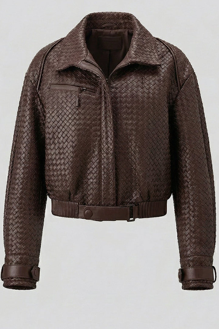 SHELBY - Cropped woven rich brown leather bomber jacket, close-up of texture