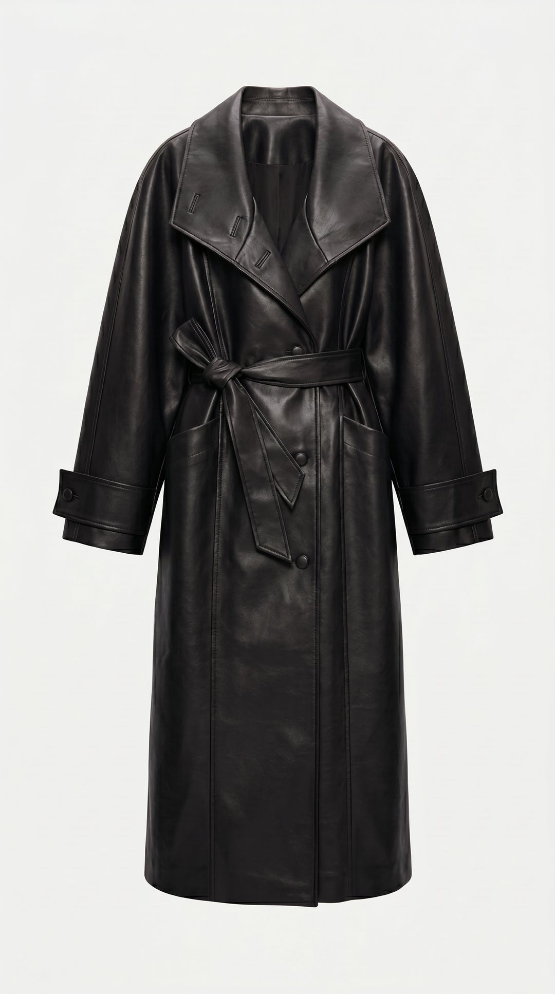SOLANGE - Long Genuine Leather Trench Coat, Black, Double-breasted, Belted Waist
