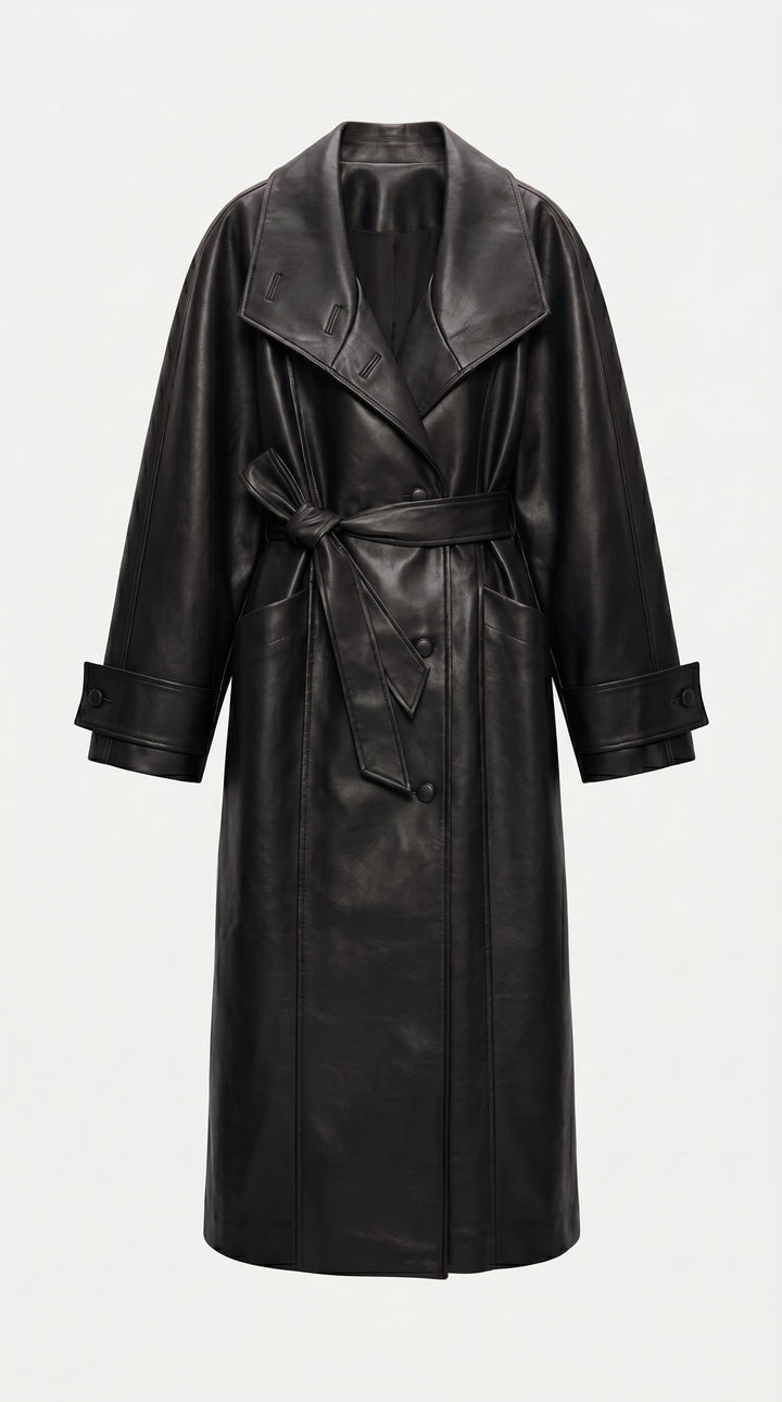 SOLANGE - Long Genuine Leather Trench Coat, Black, Double-breasted, Belted Waist