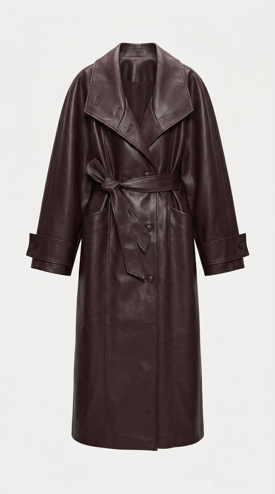 SOLANGE - Long Genuine Leather Trench Coat, Chocolate Brown, Belted, Lapel Collar