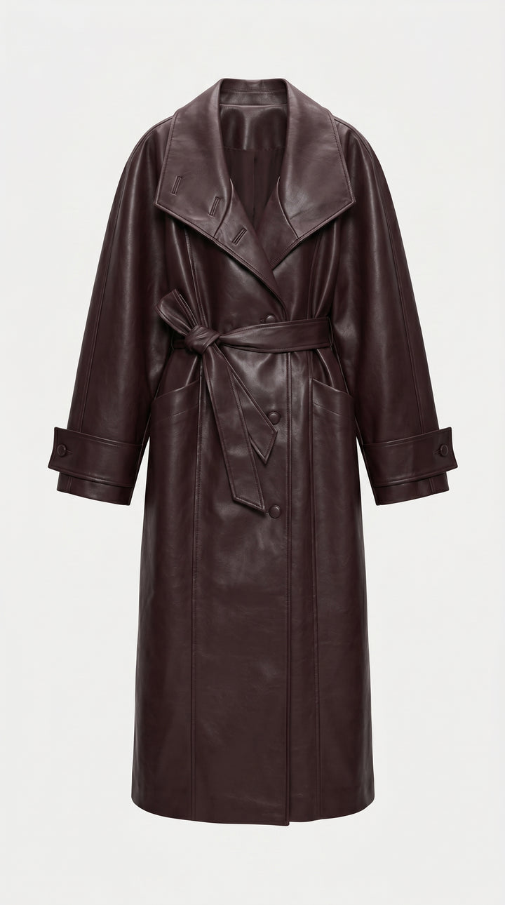 SOLANGE - Long Genuine Leather Trench Coat, Chocolate Brown, Belted, Lapel Collar