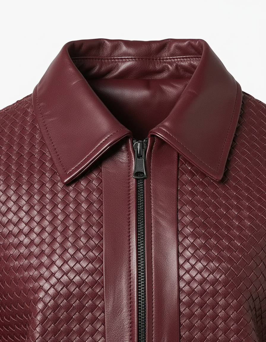SUTTON - Close-up of burgundy woven jacket collar and zipper detail