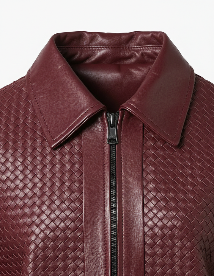 SUTTON - Close-up of burgundy woven jacket collar and zipper detail