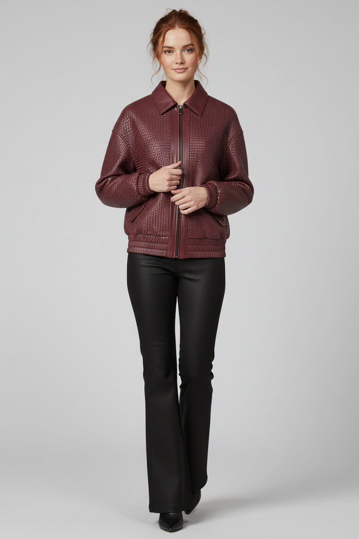 SUTTON - Model adjusting burgundy woven jacket closure