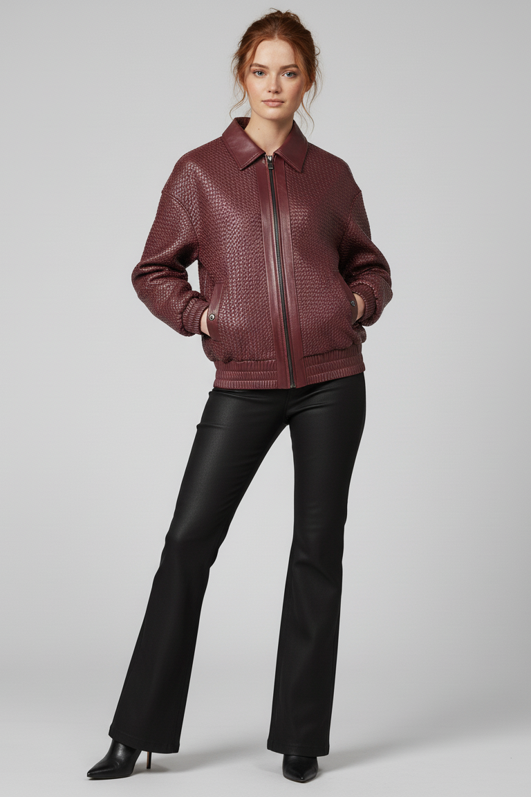 SUTTON - Model with hands in pockets of burgundy woven jacket