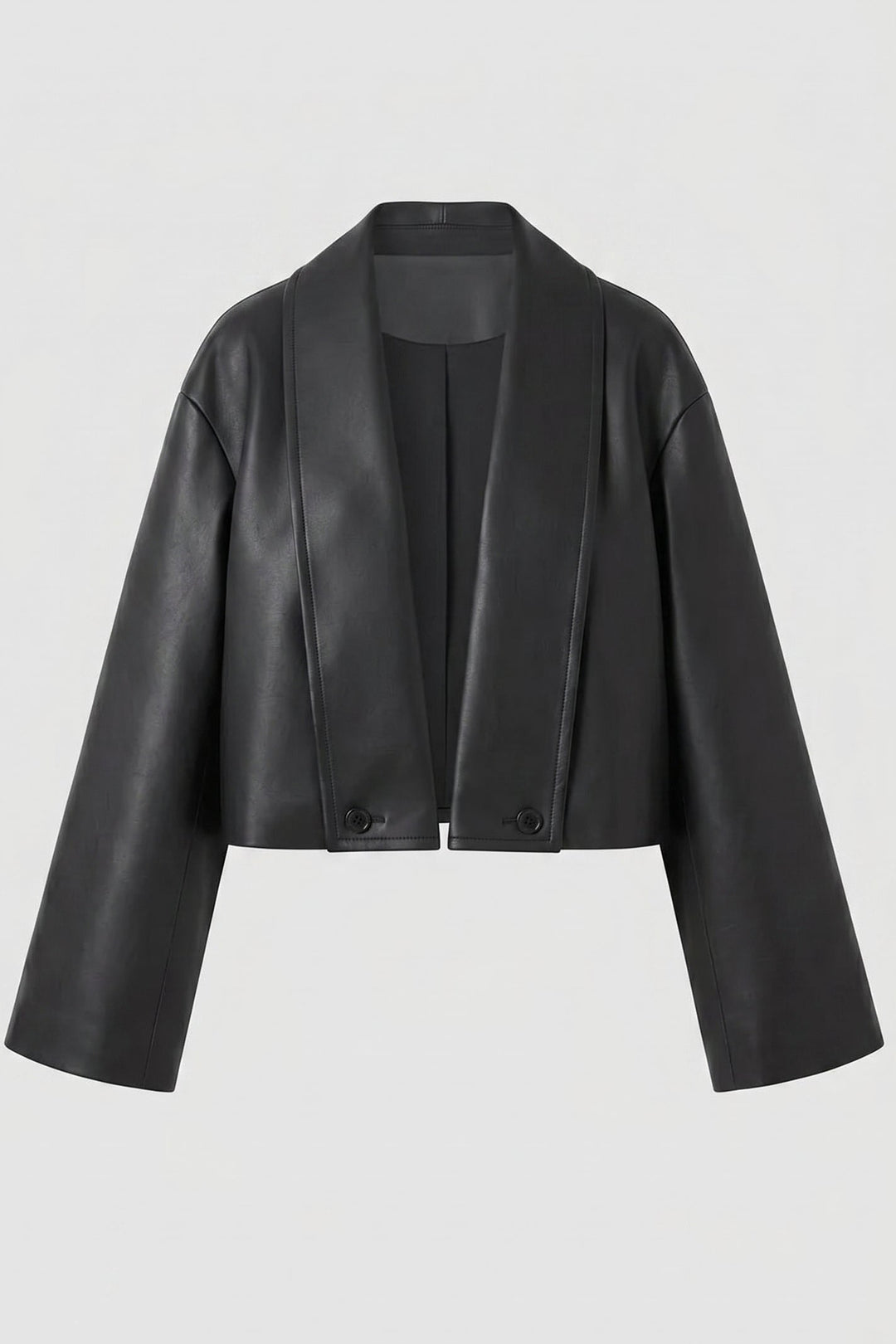 SYLVIANE - Black leather jacket on a light gray background