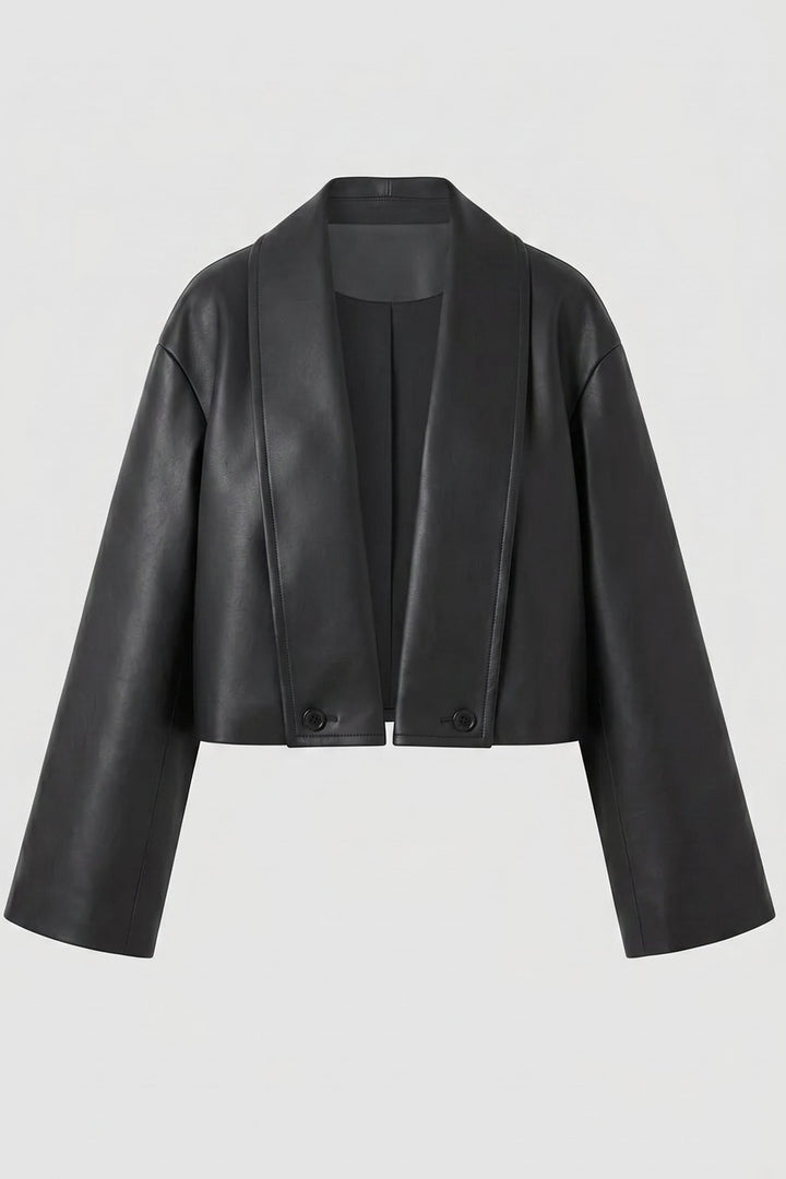 SYLVIANE - Black leather jacket on a light gray background
