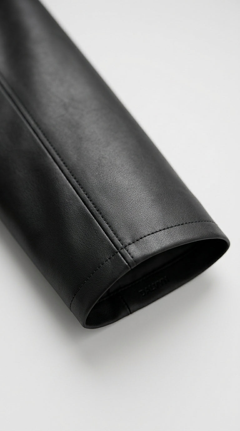 SYLVIANE - Close-up of a black leather jacket sleeve on a light gray background