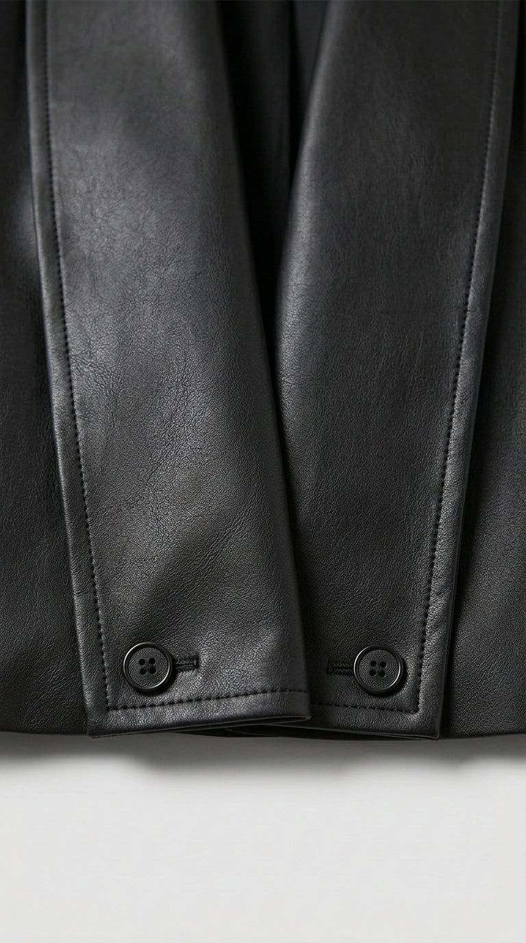 SYLVIANE - Close-up of a black leather jacket with buttons on a light gray background