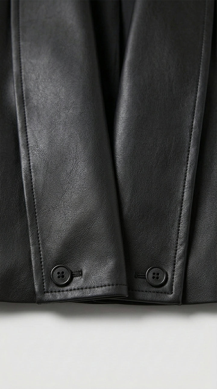 SYLVIANE - Close-up of a black leather jacket with buttons on a light gray background