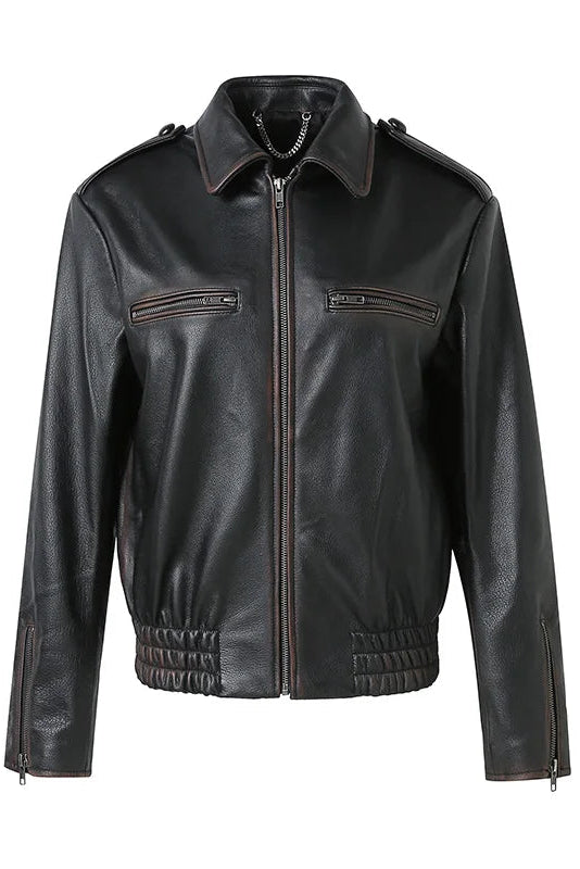 SYLVIE - Black leather moto jacket, front view, zippers