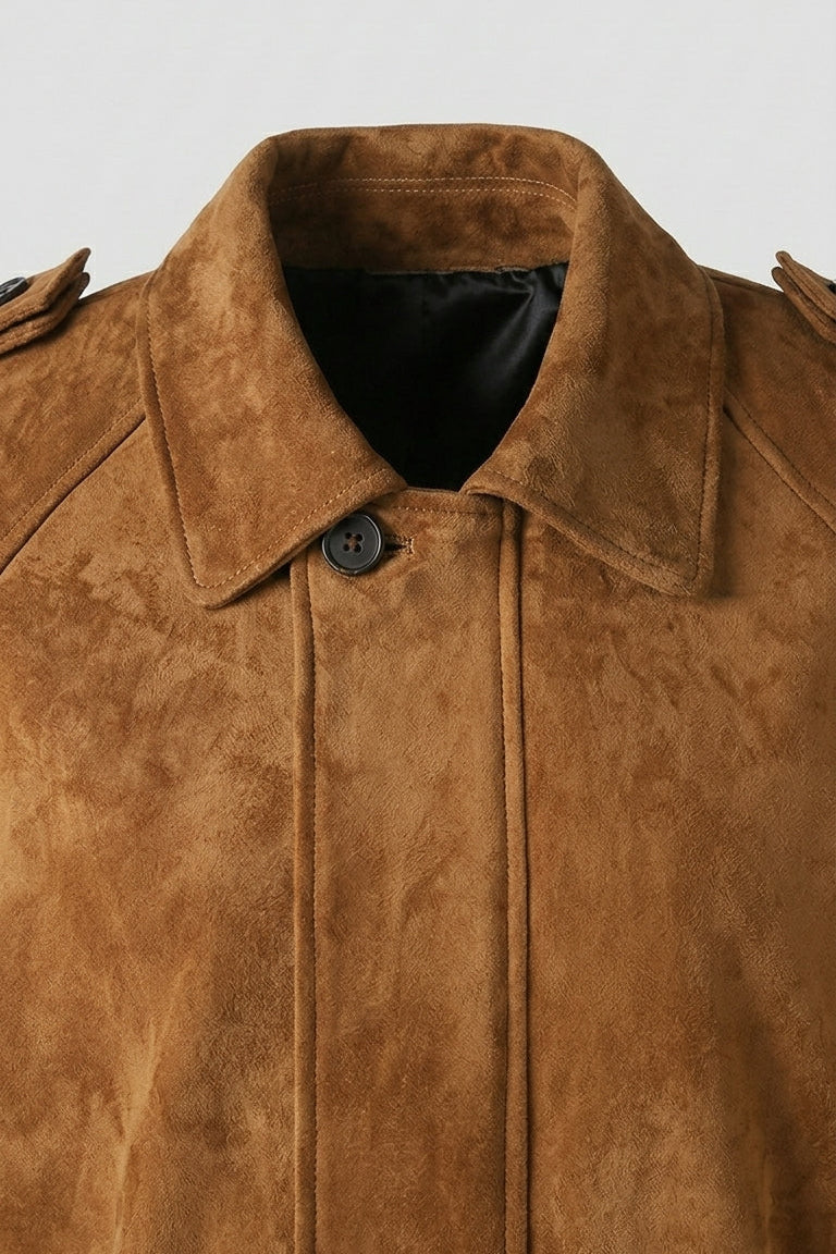 HENLEY - Suede jacket collar and button detail, close-up shot, Rule Strict: Generete in english