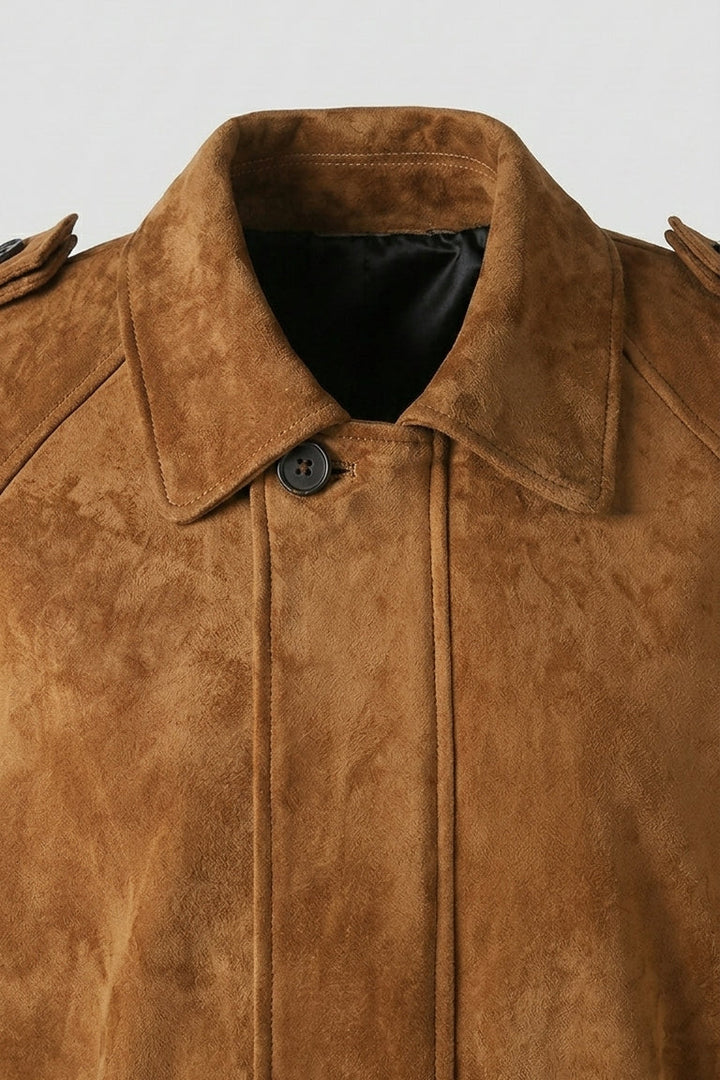 HENLEY - Suede jacket collar and button detail, close-up shot, Rule Strict: Generete in english