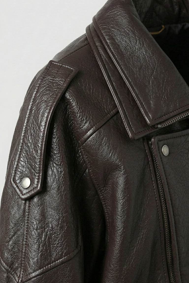 Billie - Oversize Bubble Jacket, brown leather, collar and shoulder epaulet