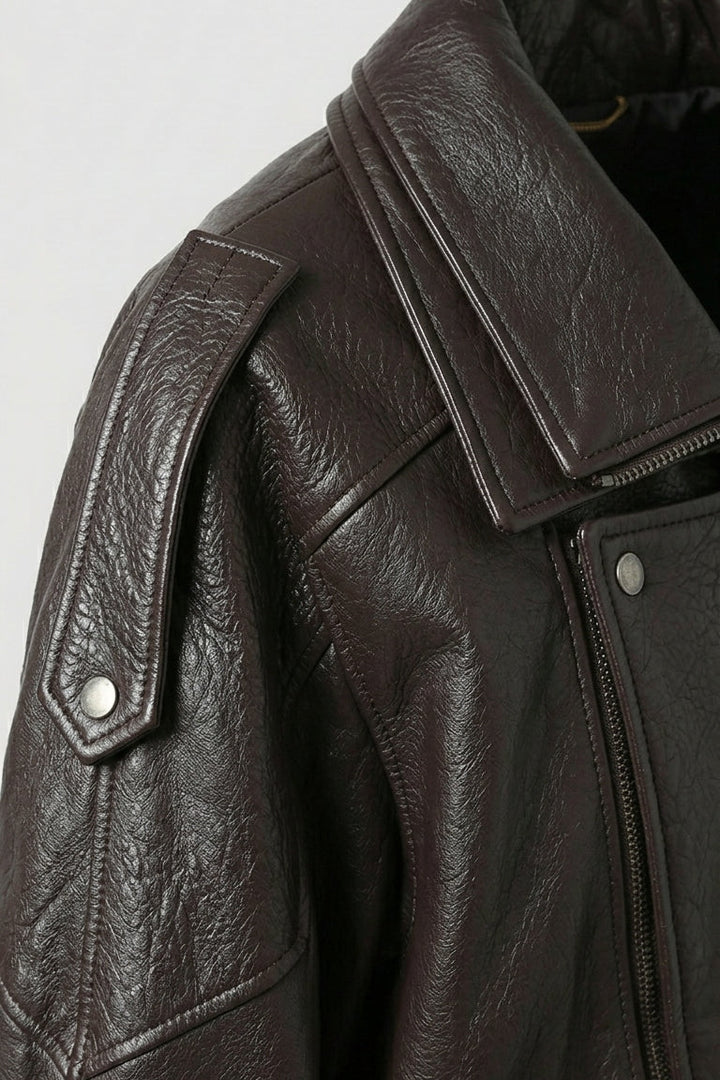 Billie - Oversize Bubble Jacket, brown leather, collar and shoulder epaulet