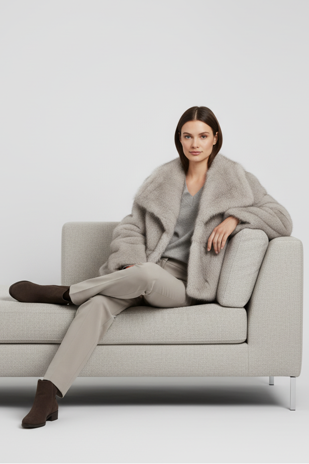 Short luxurious faux fur winter coat for women in warm deep red tone.