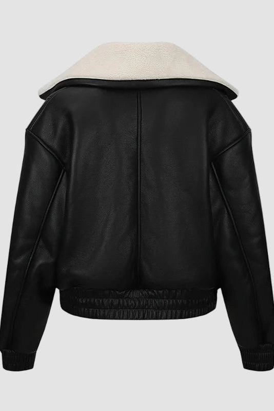Short winter jacket for women with warm sherpa lining and minimalist motorcycle-inspired look