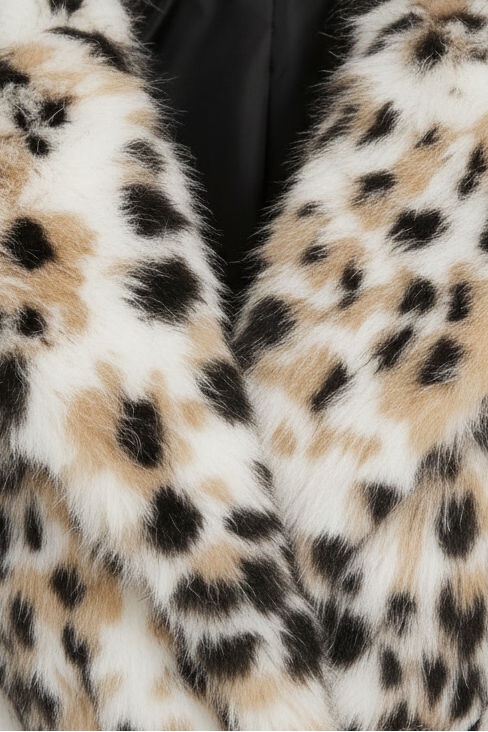 Side-angle lifestyle shot highlighting the details of the LYSERRA Leopard Shearling Coat