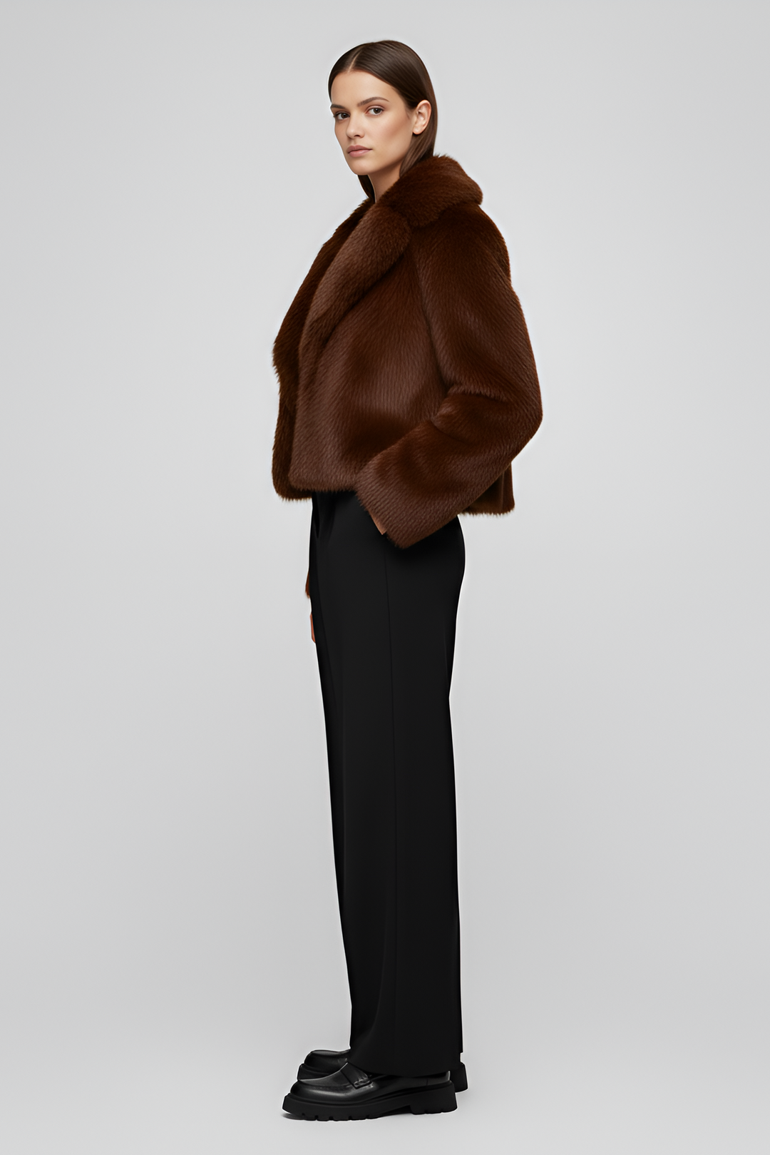 CAMELIA Faux Fur Winter Coat Warm Heritage side view, premium brown faux fur jacket showcasing elegant cut and winter warmth, women luxury winter coat