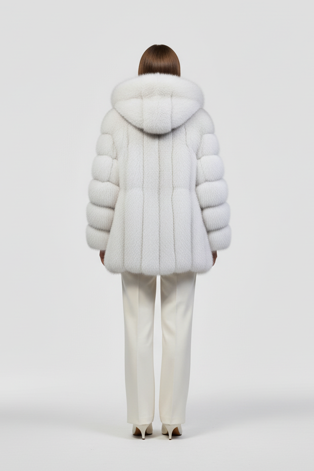 Side angle of the MYRALYN faux fur coat highlighting its thick padding.