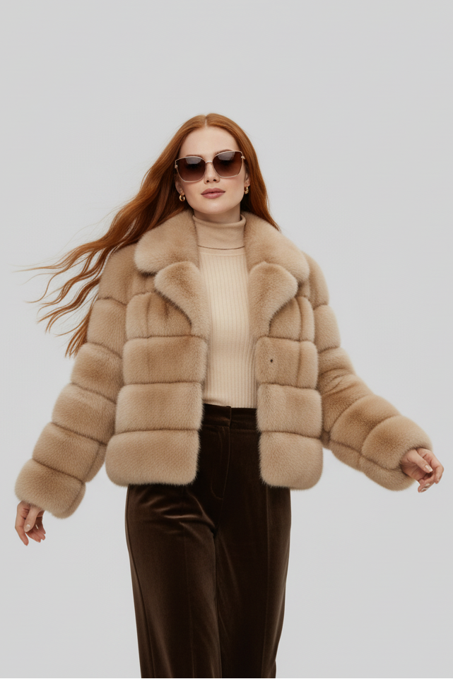 Side angle of the VELARIE faux fur coat highlighting its elegant silhouette.