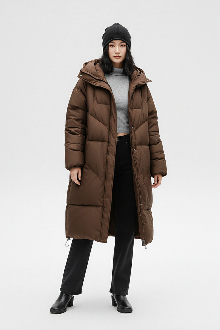 Side angle woman wearing brown Hooded Down Coat