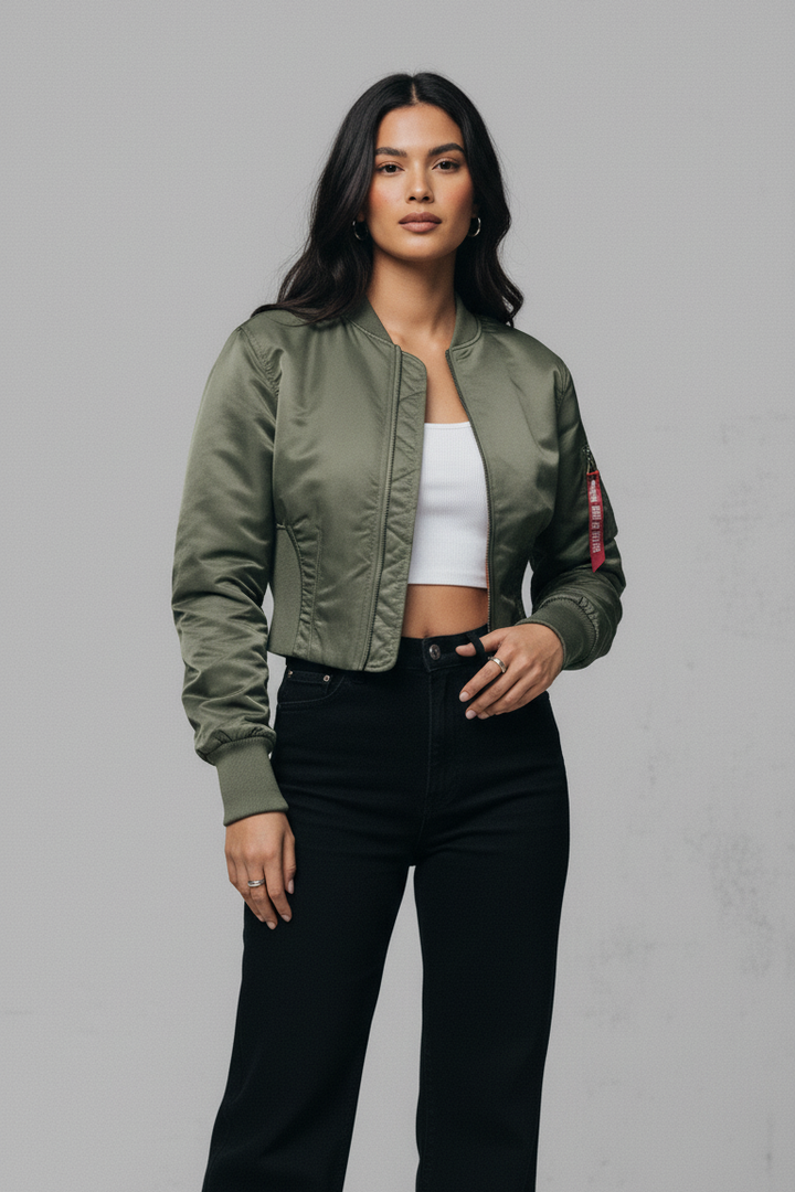 Side profile of AERLYN Cropped Bomber Jacket highlighting short length and loose bomber fit.