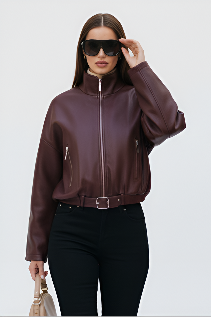 Add edge to your look with the AVELON Faux Leather Bomber Jacket — burgundy PU, zip front, and funnel neck for bold urban style.