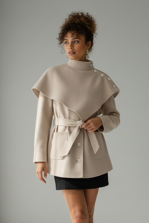 Side profile of ELENZGA Wool Blend Long Coat highlighting batwing sleeves and relaxed drape.