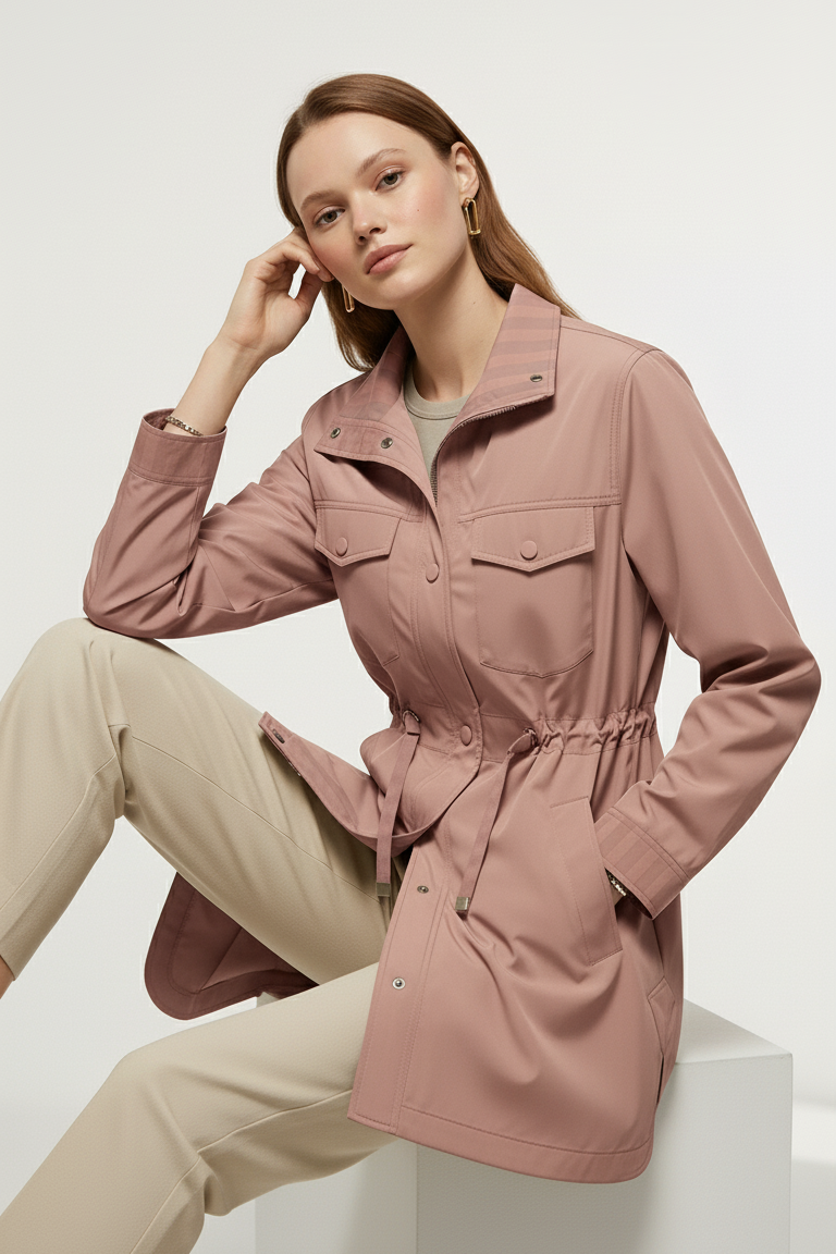 Side profile of EVELON Spring Trench Coat showing lightweight woven texture and elegant fit.