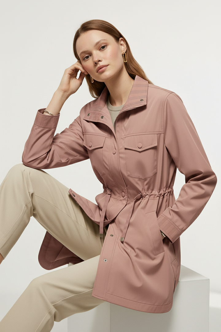 Side profile of EVELON Spring Trench Coat showing lightweight woven texture and elegant fit.