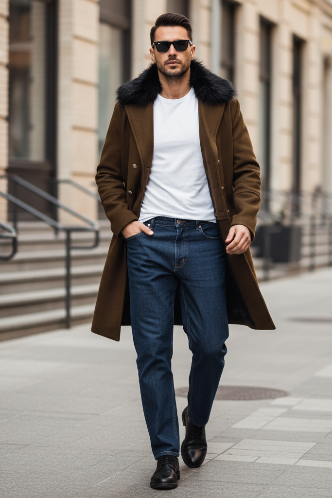 Side profile of HARLENE Wool Blend Double-Breasted Coat highlighting cascade collar and long silhouette.