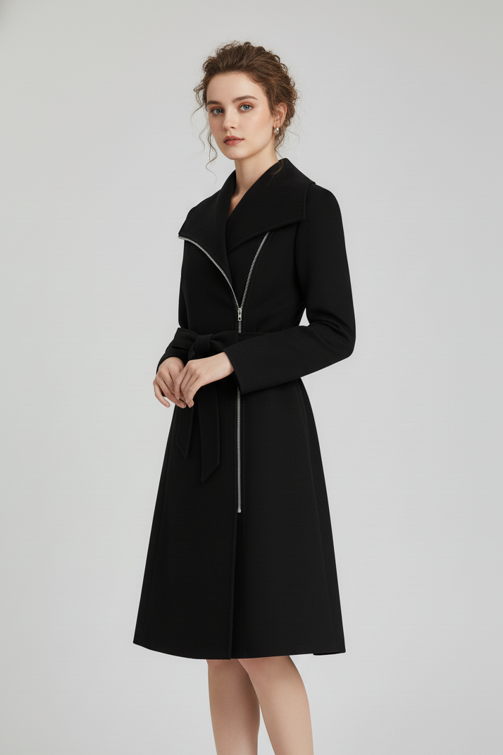Side profile of LEONA Wool Blend Long Coat showing smooth wool-blend texture and sleek shape.