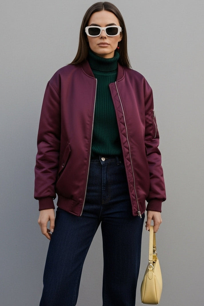 Front view of LYRIEL Purple Puffer Bomber Jacket highlighting rib-knit cuffs and warm padded design.
