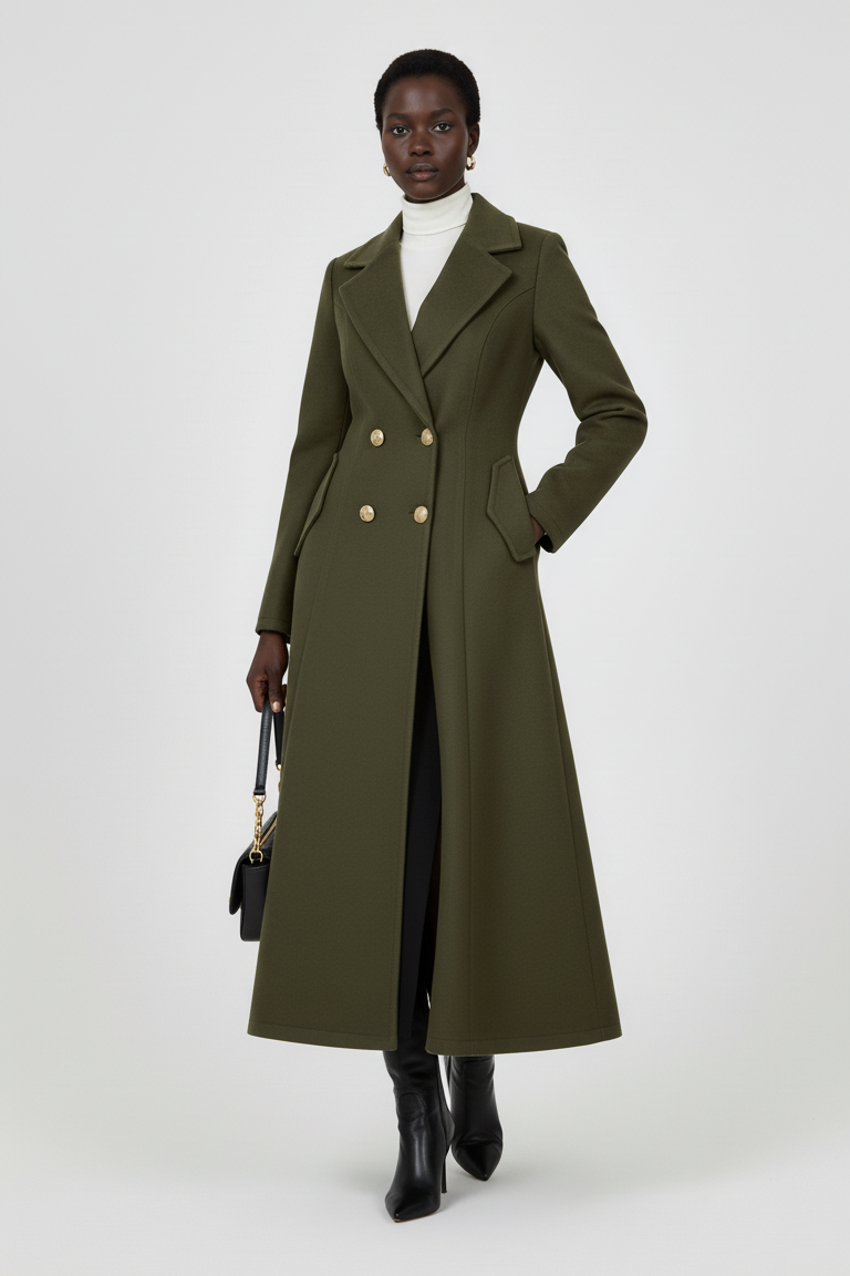 Side profile of MAWEII Wool Blend A-Line Coat highlighting flattering A-line fit and long silhouette.